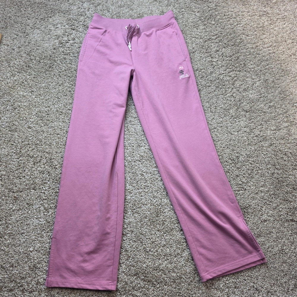 Fila Sweatpants Girls Large 14/16 Pink Wide Leg Floral Rose Embroidered Casual